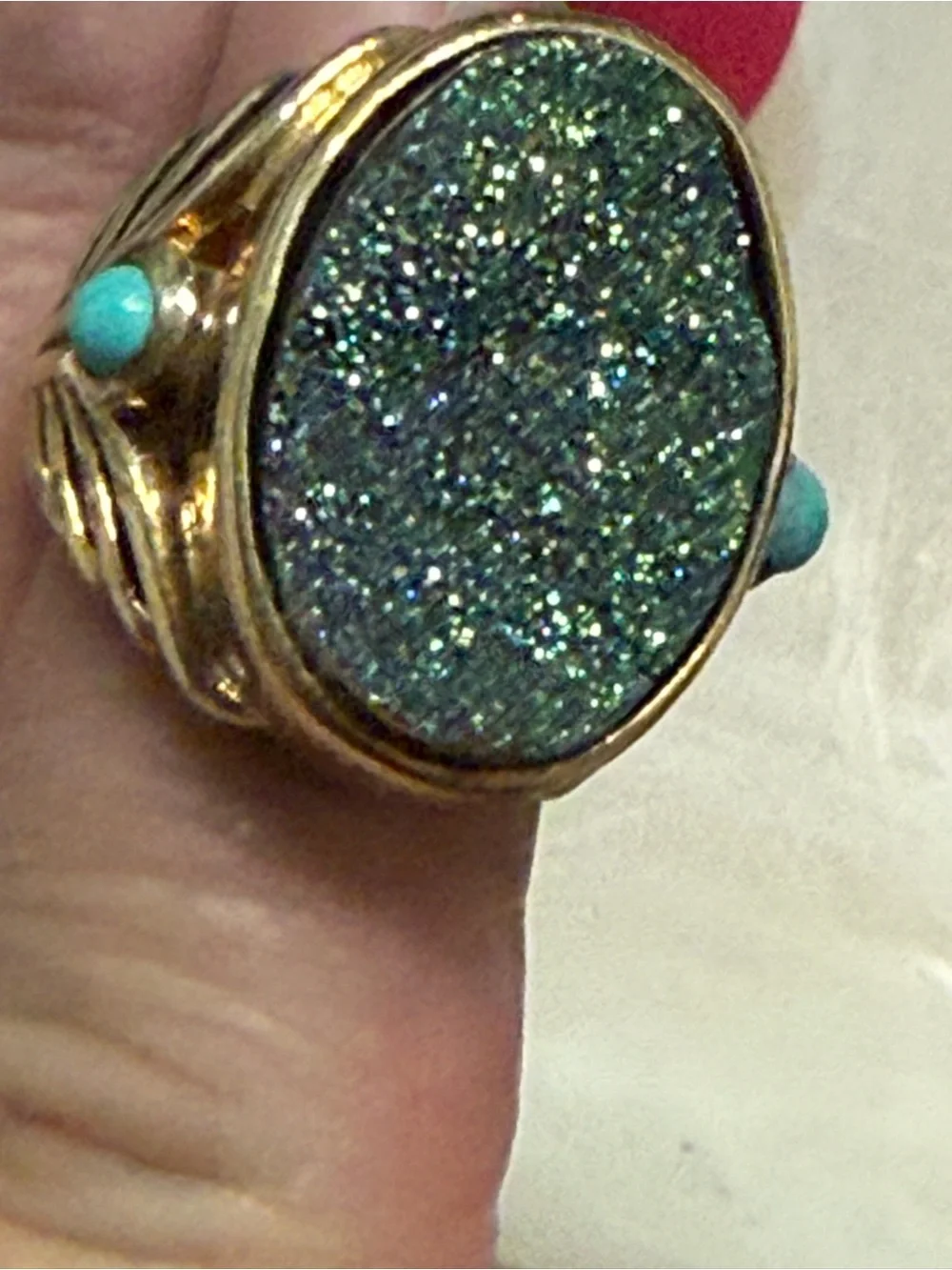 Gold Wash Sterling Silver 925 Druzy Ring Size 6.25-6.5 Turquoise Side Stones